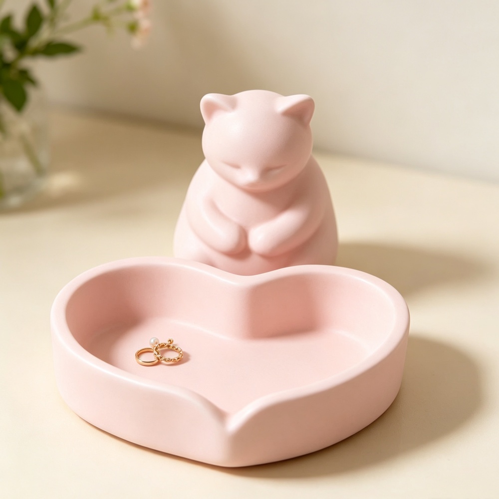 3D Printing Ring Holder - 3D Baskılı Pembe Kedi Kalp Tepsili